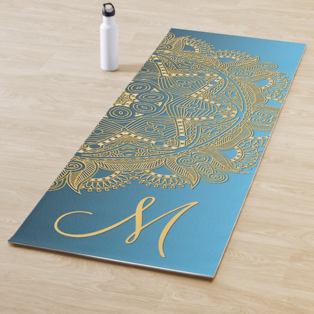 Custom Gold Mandala Art Pattern On Summer Sky Blue Yoga Mat (In Situ)