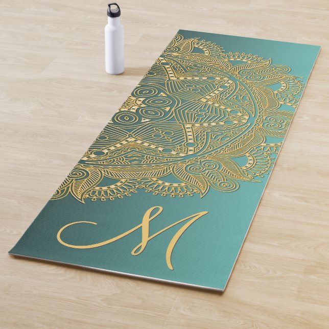 Custom Gold Mandala Art Pattern On Teal Blue Green Yoga Mat (In Situ)