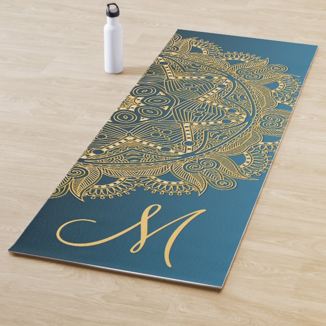 Custom Gold Mandala Art Pattern On Teal Blue Yoga Mat (In Situ)