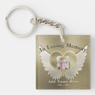 Custom Gold Memorial Angel Wings Add Photo Keychain