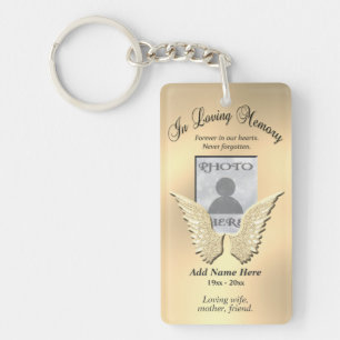 Custom Gold Memorial Angel Wings Add Photo Keychain
