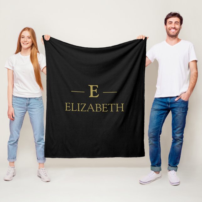 Custom Gold Monogram Fleece Throw – Black Design Blanket (In Situ)