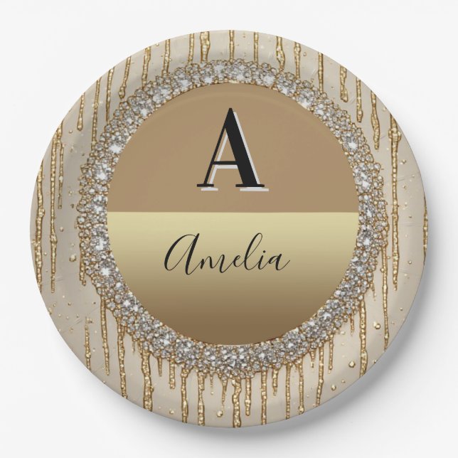 Custom Gold Monogram Gift For Wedding And Events Paper Plate (Front)