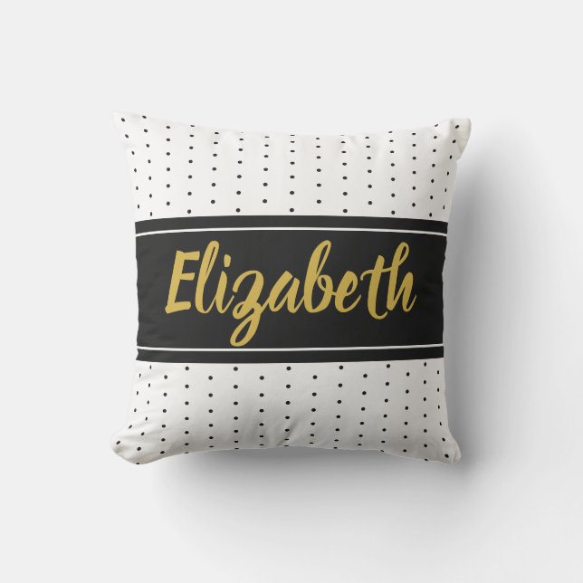Custom Gold Name with Black and White Polka Dots Outdoor Pillow (Front)