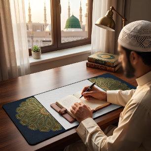 Custom Gold Navy Islamic Geometric Madinah Desk Mat
