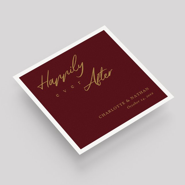 Custom Gold on Burgundy Happily Ever After Wedding Napkin (Custom Gold on Burgundy Happily Ever After Wedding Napkins)