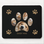 Custom Gold Paw Print Name Photo Collage Black Mouse Pad<br><div class="desc">Show your love for your pet with this cute and simple custom photo collage design featuring your pet's name along with five of your pet's photos in a paw print outlined in gold over a black background with golden paw print accents. Tip: You can change the colours to match your...</div>