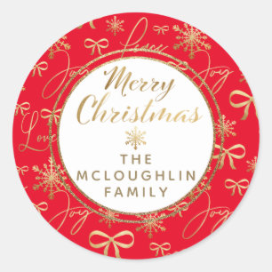 Custom Gold Red Joy Peace Love Snowflake Pattern Classic Round Sticker