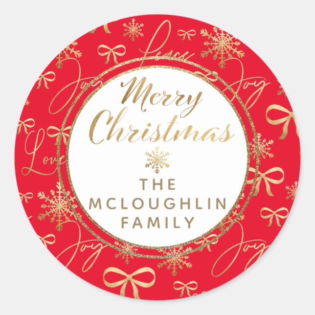 Custom Gold Red Joy Peace Love Snowflake Pattern Classic Round Sticker (Front)