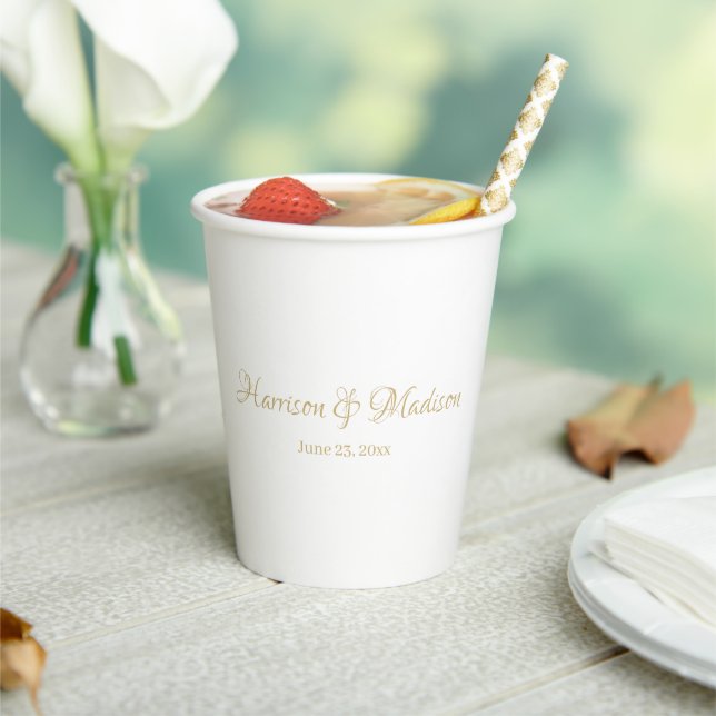 Custom gold script Couple Name Date Wedding Paper Cups (Insitu)