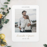 Custom Gold Script Wedding Thank You Photo Magnet<br><div class="desc">This simple, stylish modern wedding thank you photo magnet template features your names in an elegant gold tone called California Gold in a lively handwriting script beneath your photo. The date text below that is a gray tone. You might choose to change the font, punctuation or color used for various...</div>