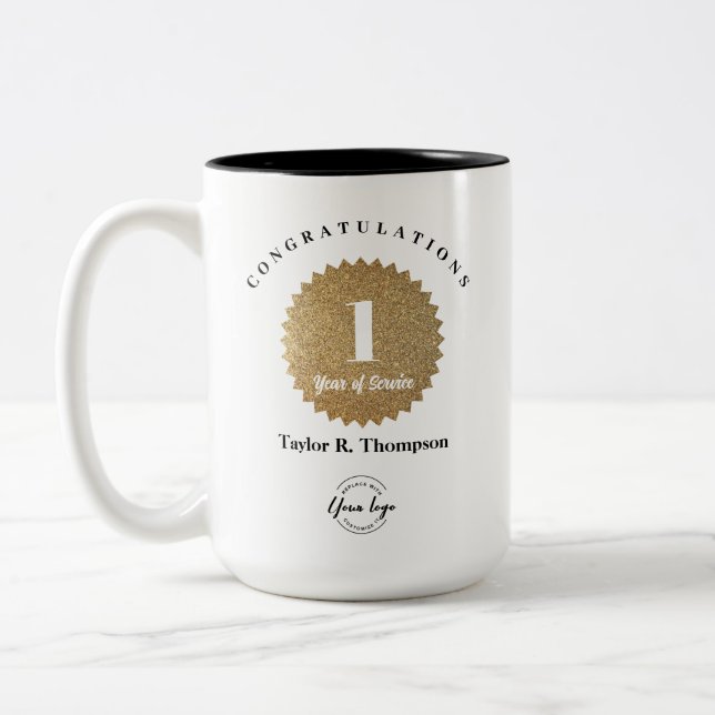 Custom Gold seal 1-Year Employee Service Award  Two-Tone Coffee Mug (Left)