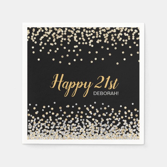 Custom Gold Silver Confetti 21st Birthday Party Napkin (Front)