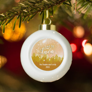 Custom Gold Snowy Forest Merry Christmas Ceramic Ball Christmas Ornament