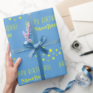 Custom Gold Stars and Moon Happy Birthday Blue Wrapping Paper