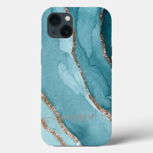 Custom Gold Teal Blue Marble Cell Phone 11 12 Max iPhone 13 Case