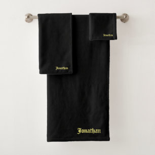 Custom Gold Typography Name Elegant Black Vintage Bath Towel Set