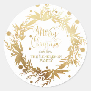 Custom Gold White Christmas Eucalyptus Wreath Classic Round Sticker