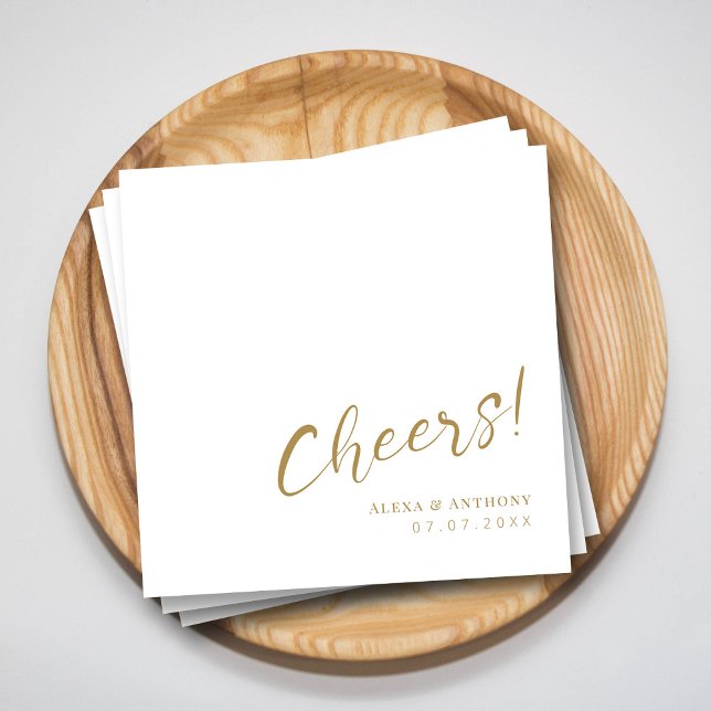 Custom Gold & White Wedding Napkins - Cheers! (Cheers to Love and Happiness  Modern Gold Wedding Napkins)