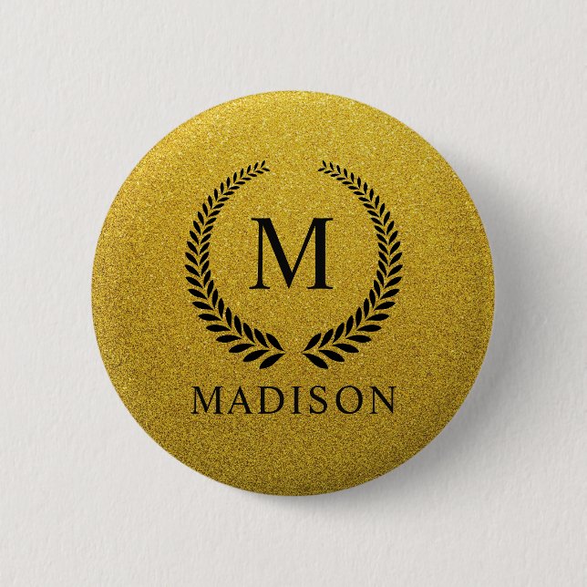 Custom Golden Black and Gold Glitter Monogram  2 Inch Round Button (Front)