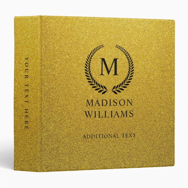 Custom Golden Black and Gold Glitter Monogram  Binder (Front/Spine)