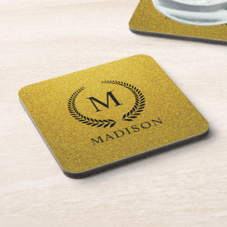 Custom Golden Black and Gold Glitter Monogram  Coaster