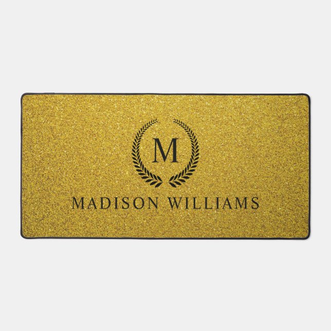 Custom Golden Black and Gold Glitter Monogram  Desk Mat (Front)