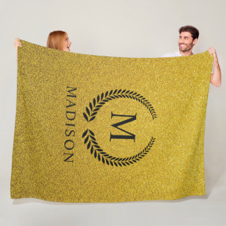 Custom Golden Black and Gold Glitter Monogram  Fleece Blanket