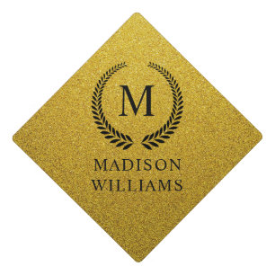 Custom Golden Black and Gold Glitter Monogram  Graduation Cap Topper