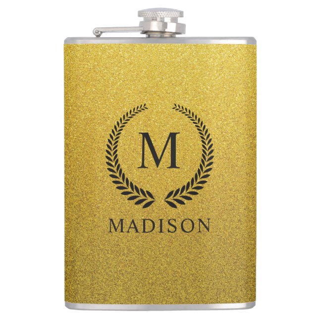 Custom Golden Black and Gold Glitter Monogram  Hip Flask (Front)