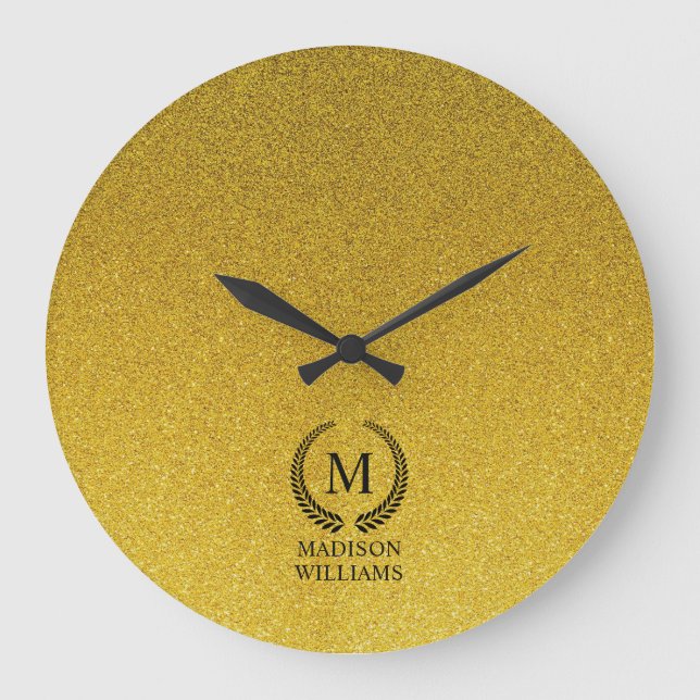 Custom Golden Black and Gold Glitter Monogram Large Clock (Front)