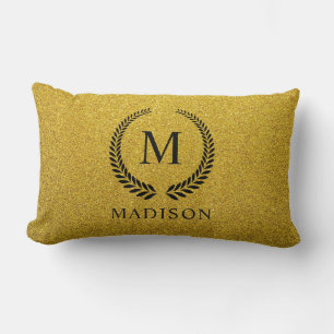 Custom Golden Black and Gold Glitter Monogram Lumbar Pillow