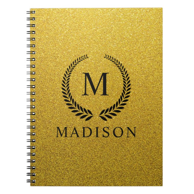 Custom Golden Black and Gold Glitter Monogram  Notebook (Front)