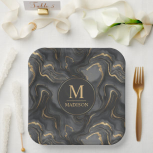 Custom Golden Black and Gold Glitter Monogram Paper Plate