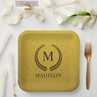 Custom Golden Black and Gold Glitter Monogram  Paper Plate