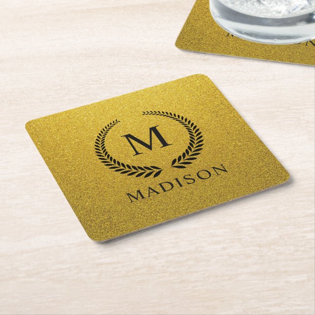 Custom Golden Black and Gold Glitter Monogram  Square Paper Coaster (Angled)