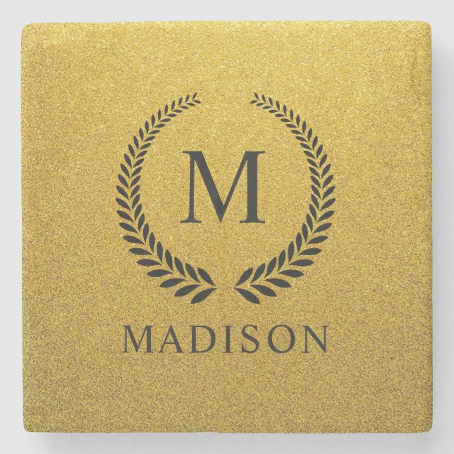 Custom Golden Black and Gold Glitter Monogram  Stone Coaster (Front)