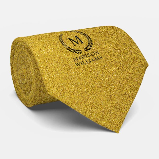 Custom Golden Black and Gold Glitter Monogram Tie (Rolled)