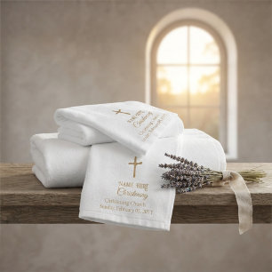Custom Golden Cross Religious Christening, Baptism Bath Towel Set