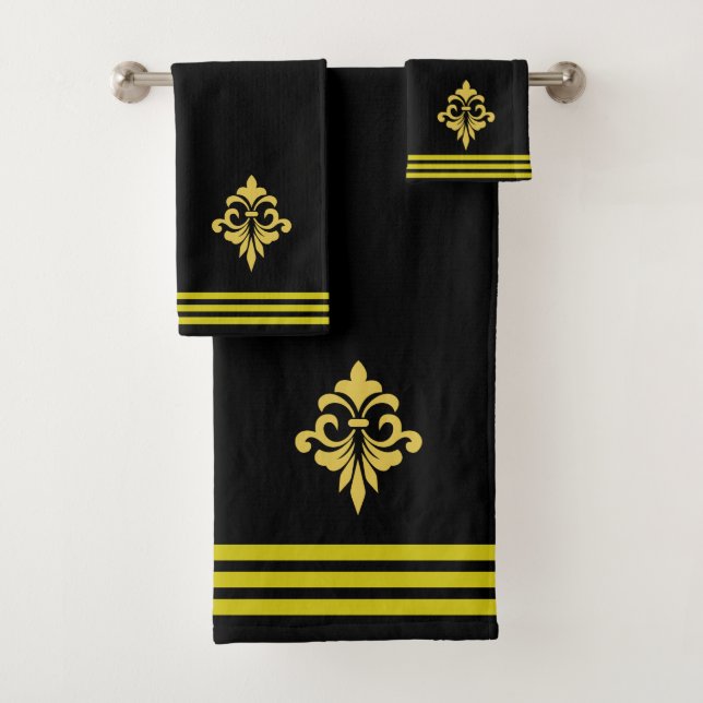 Custom Golden Fleur de Lis, Three Stripes on Black Bath Towel Set (Insitu)