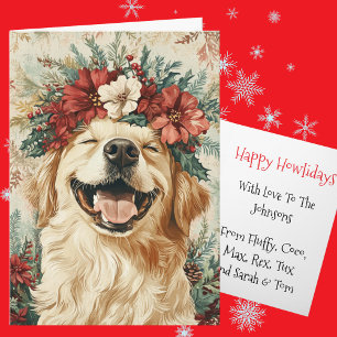 Custom Golden Retriever Christmas Floral Crown Holiday Card