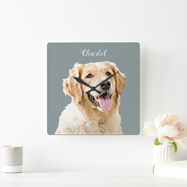 Custom Golden Retriever Dog Personalized Drawn Square Wall Clock (Home)