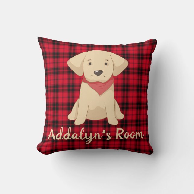 Custom Golden Retriever Puppy Red Buffalo Plaid Throw Pillow (Front)