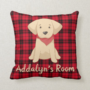 Custom Golden Retriever Puppy Red Buffalo Plaid Throw Pillow