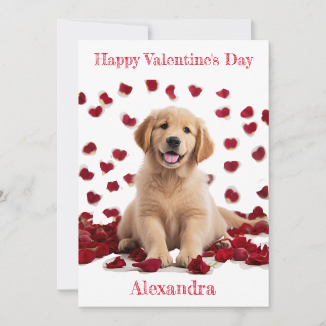 Custom Golden Retriever Puppy Rose Petal Valentine Holiday Card (Front)