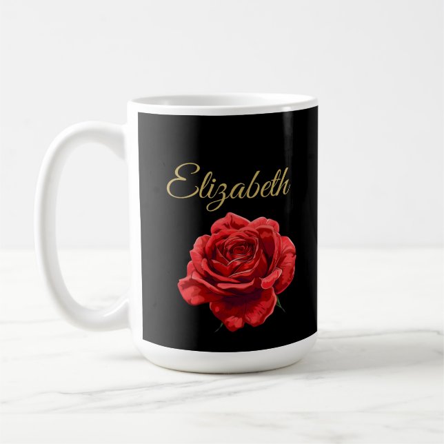 Custom Golden Script Elegant Red Rose Personalized Coffee Mug (Left)
