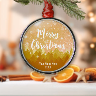 Custom Golden Snow Peaceful Forest Merry Christmas Metal Ornament
