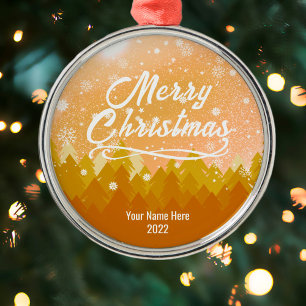 Custom Golden Snow Peaceful Forest Merry Christmas Metal Ornament