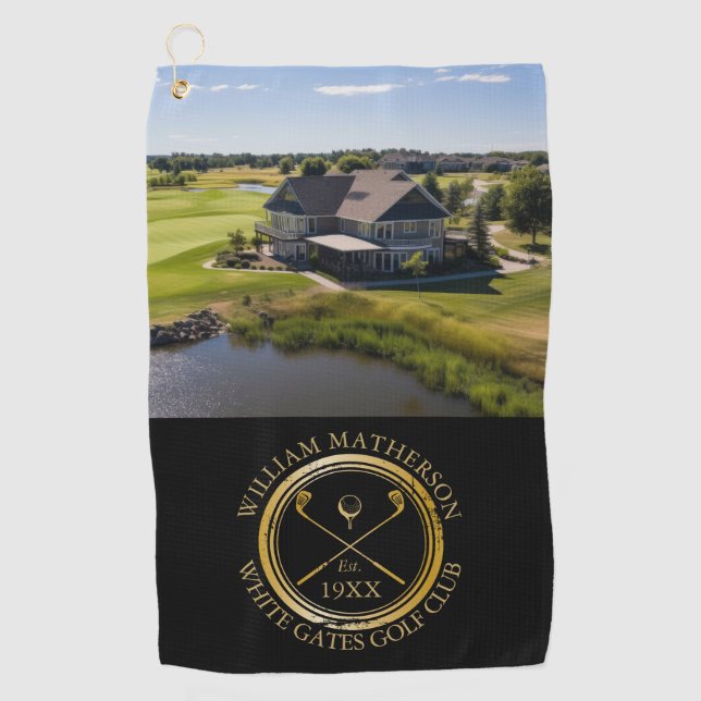 Custom Golf Club Name And Photo Black And Gold Golf Towel (Front)