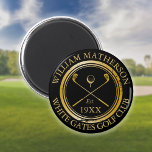 Custom Golf Club Name Retro Stamp Black And Gold Magnet<br><div class="desc">Featuring classic crossed golf clubs,  golf ball design,  and aged stamp effect border,  these black and gold golf magnets are ideal for all golf clubs and club members. Personalize with the name of the club member,  golf club name and the year the golf club was established. Designed by Thisisnotme©</div>